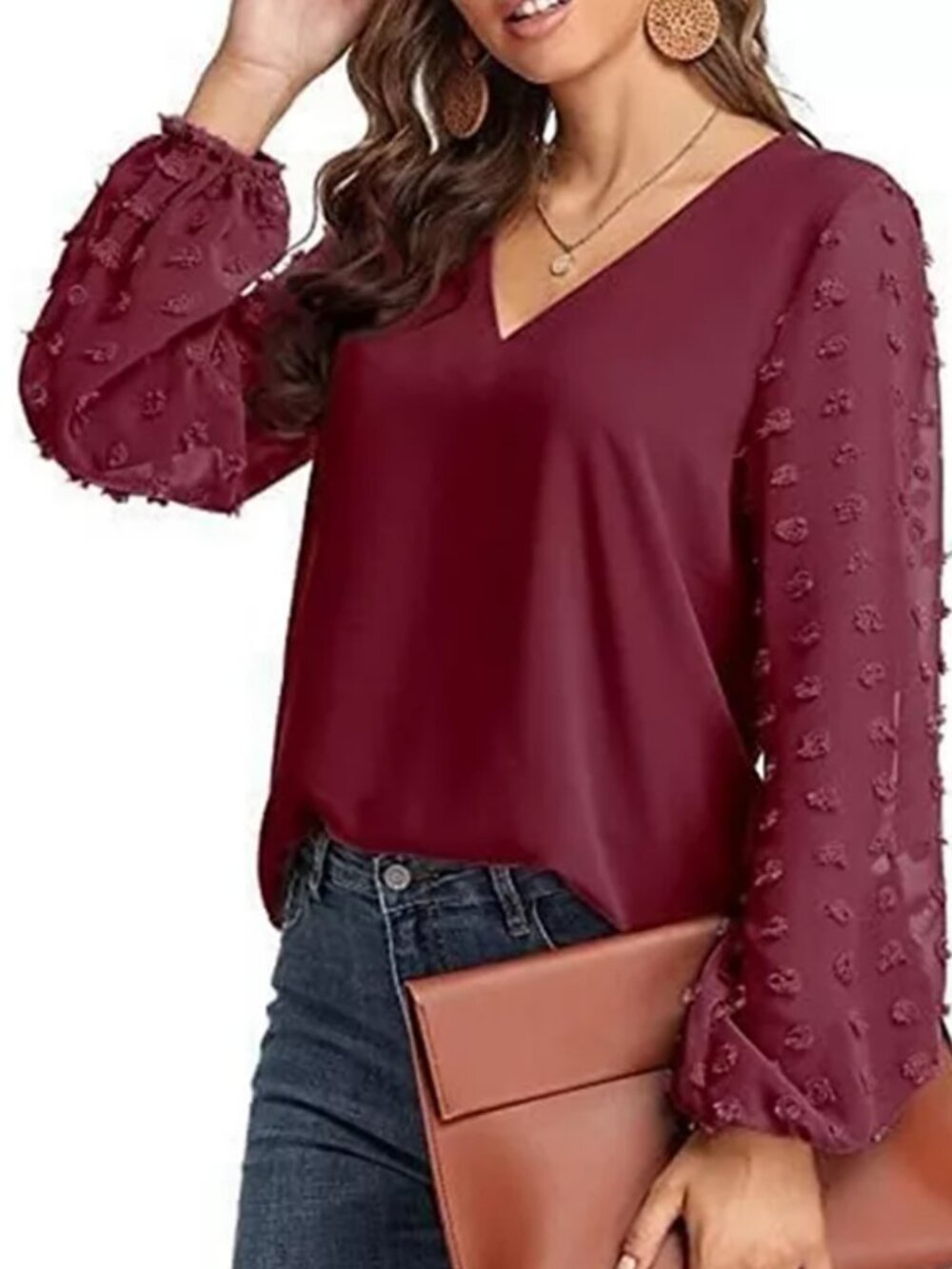 Fashion Collection Burgundy V-Neck Swiss Dot Sheer Sleeve Blouse Top Size XL